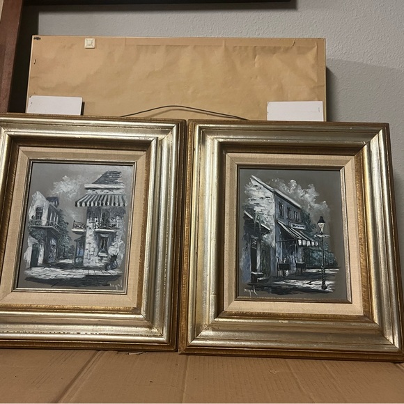 Gold Framed Black and White Street Scene Paintings